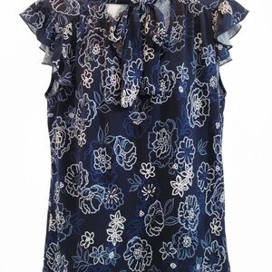Elegant Navy Floral Blouse with Ruffle Accents